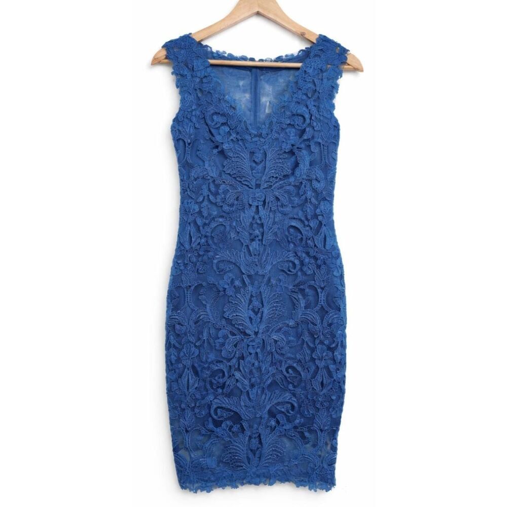 Tadashi shoji womens size 2 sheath dress lace brocade cobalt blue cocktail